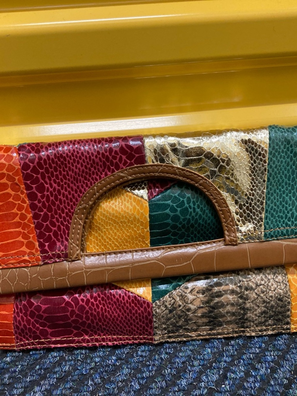 Nine West Multicolor Patchwork Faux-Snakeskin Clutch with Brown Handle